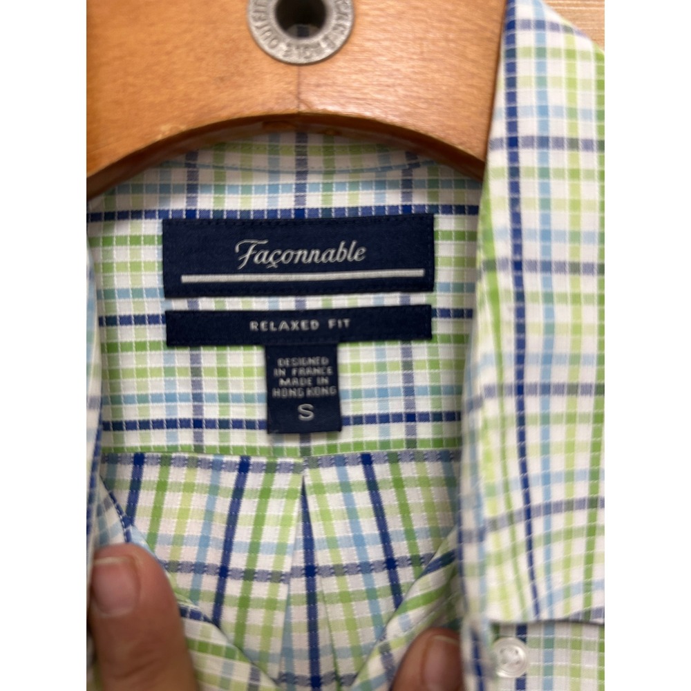 Faconnable Mens Relaxed Fit Plaid Button Down Shirt Green‎ Blue White Small - Picture 2 of 6
